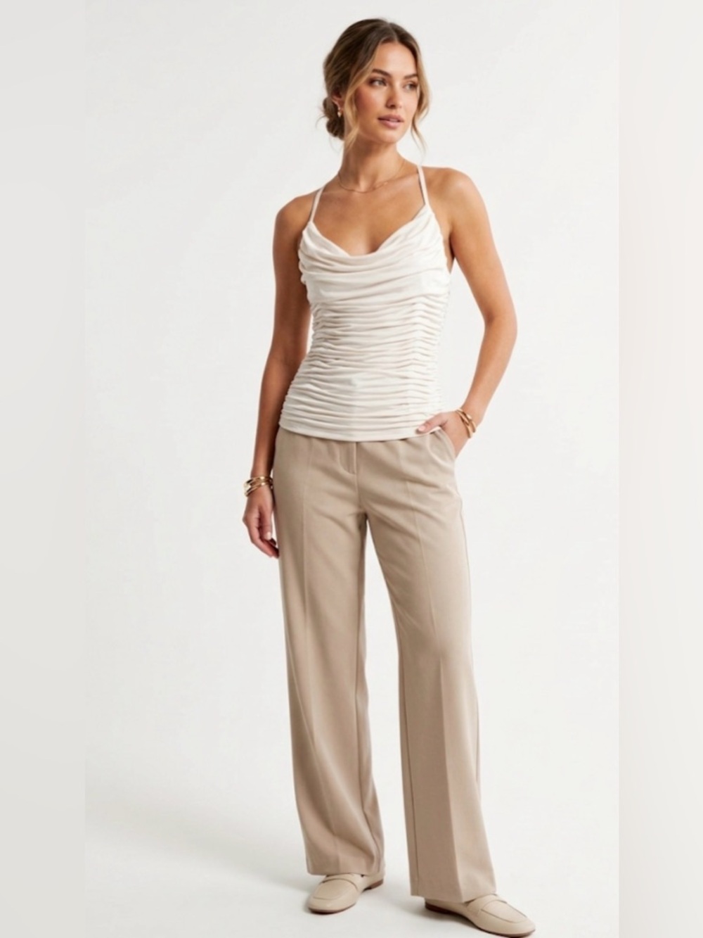 NWT‎ express body contour Ruched Cowl Neck Slip top sz S neutral formal ae